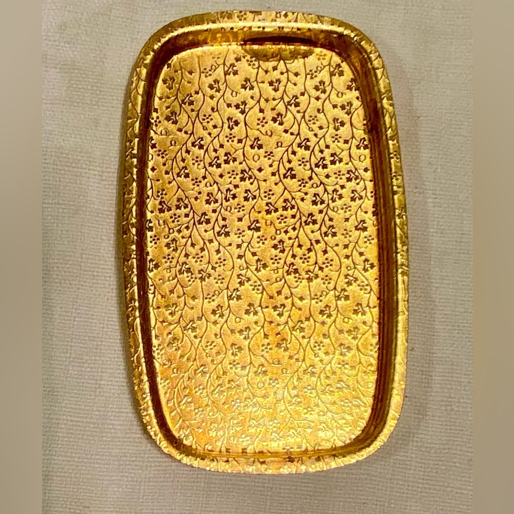 Vintage Gold Metal Rectangular Mini Tray with delicate leaf pattern.